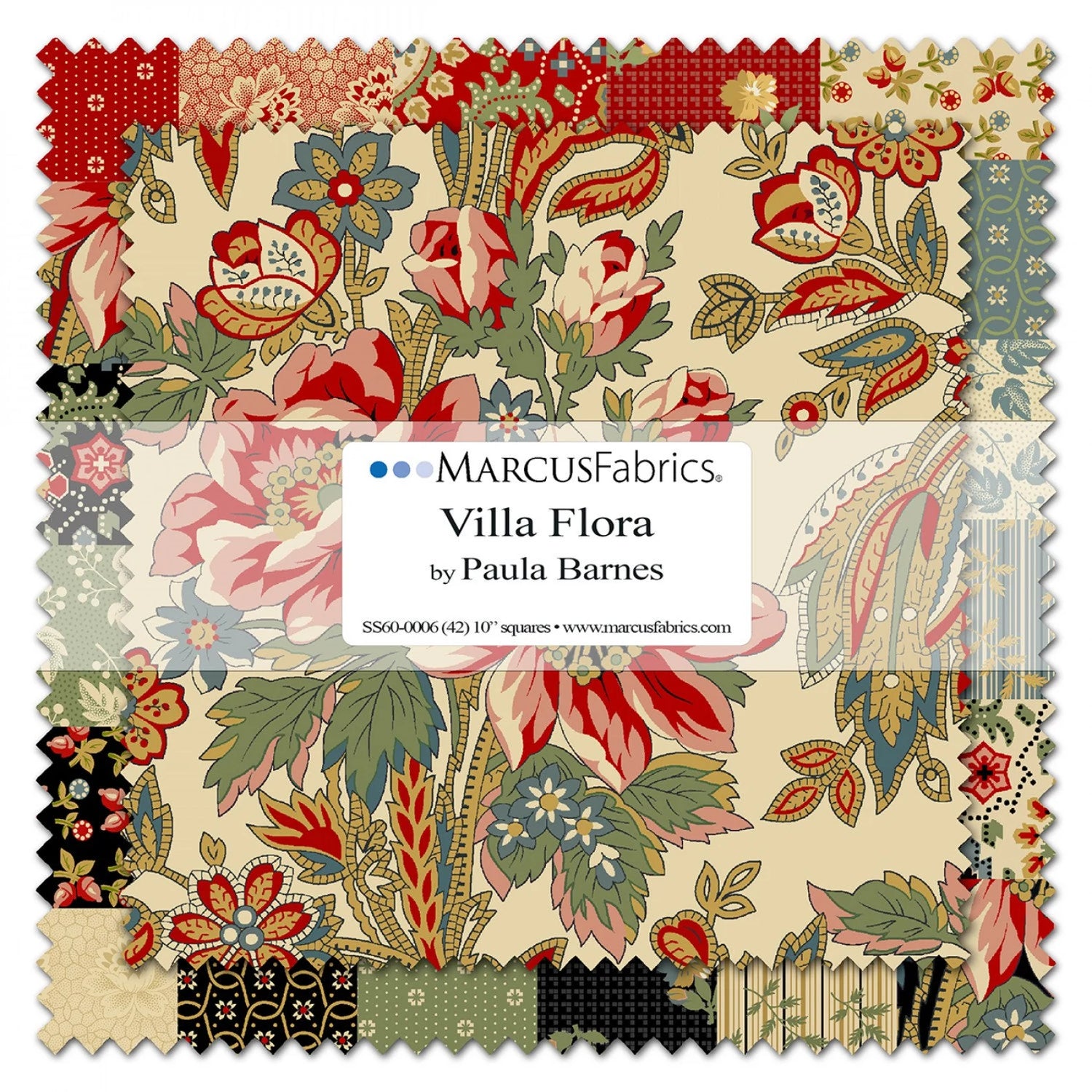 MARCUS FABRICS - VILLA FLORA BY PAULA BARNES LAYER CAKE (42 10X10