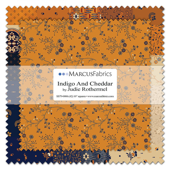 MARCUS FABRICS INDIGO & CHEDDAR BY JUDIE ROTHERMEL LAYER CAKE ( 42 10" SQUARES)