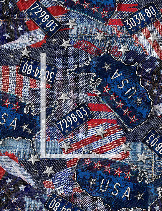 Timeless Treasures Road Trip USA Patriotic Denim